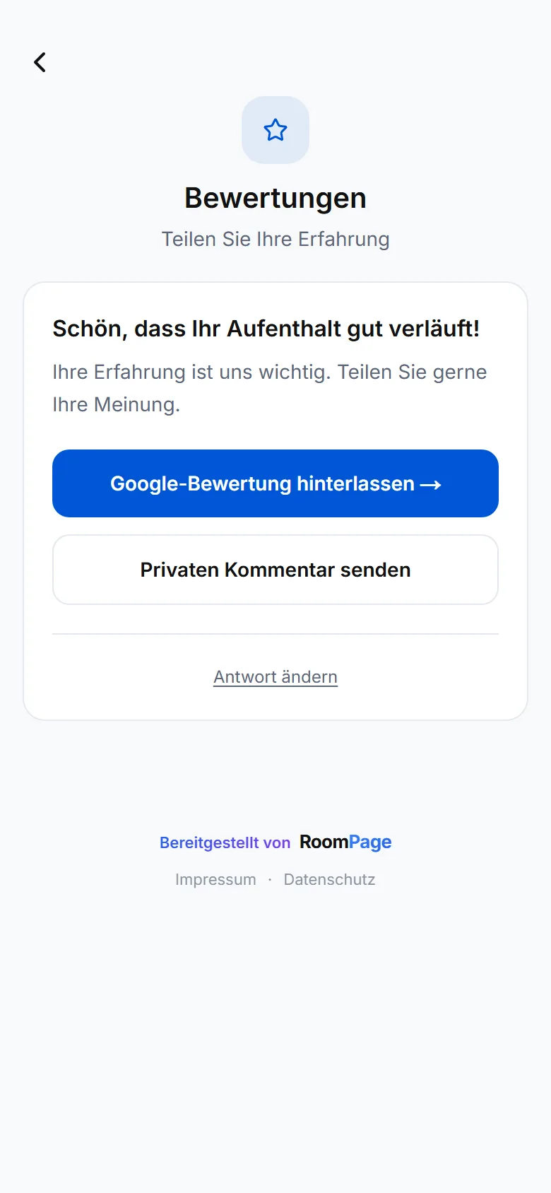 Bewertungs-Bildschirm der Gästemappe: Button « Google-Bewertung abgeben », dann Button für private Nachricht