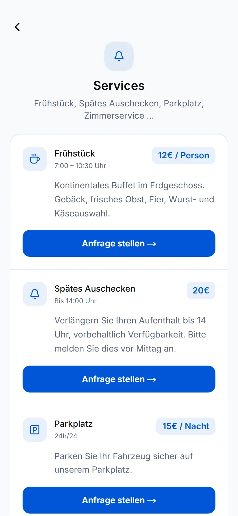 Service-Bildschirm der Gästemappe mit Preisen und dem Button « Anfrage stellen »