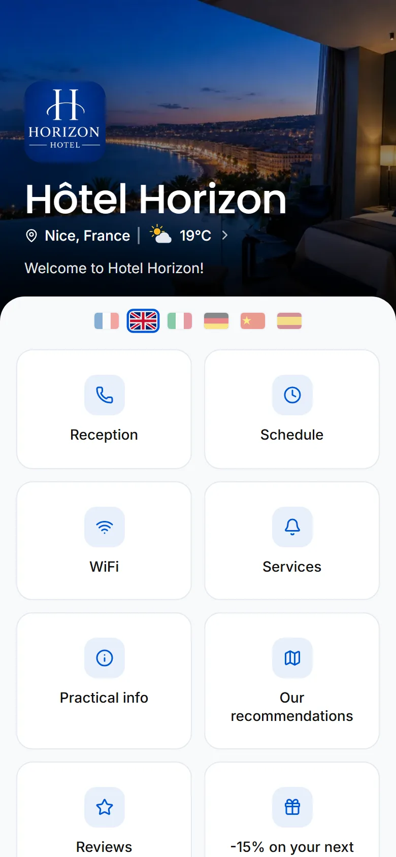 Guide home screen with the Reception tile, which calls in one tap