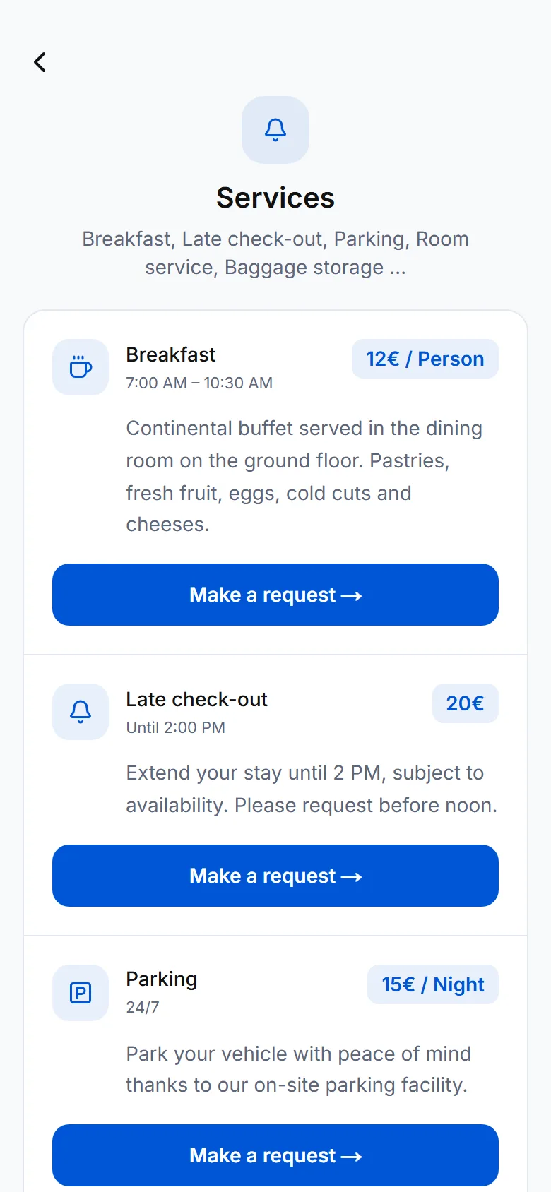 Guide services screen with prices and the « Make a request » button