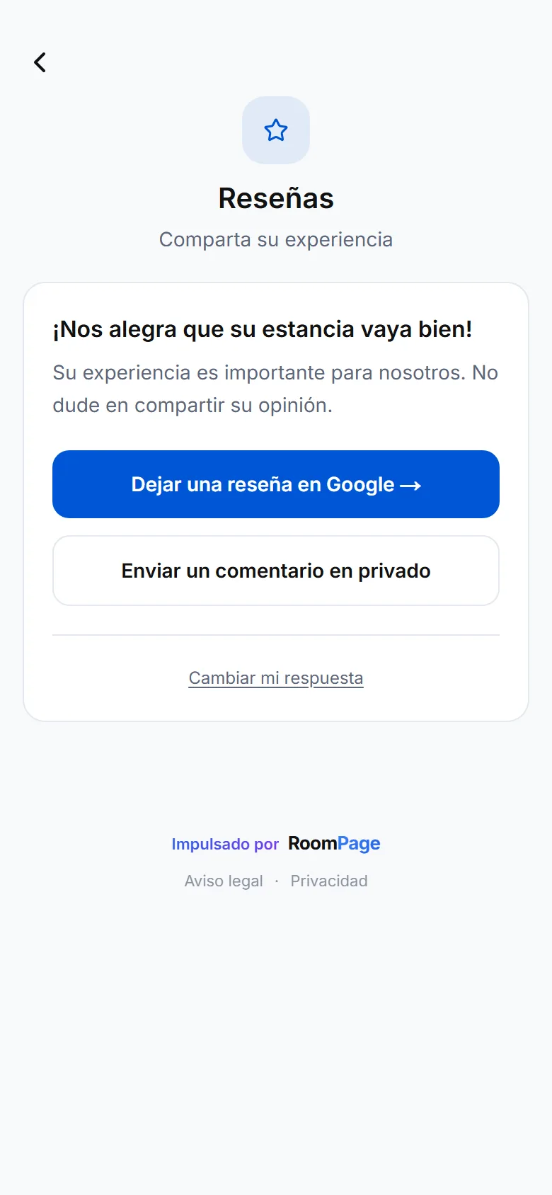 Pantalla de reseñas de la guía: botón « Dejar una reseña en Google » y botón de mensaje privado