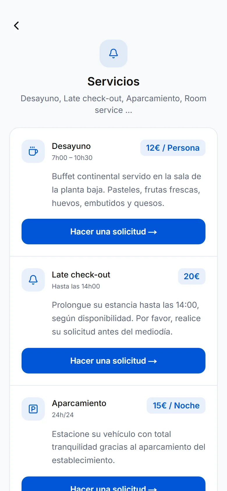 Pantalla de servicios de la guía con precios y el botón « Hacer una solicitud »