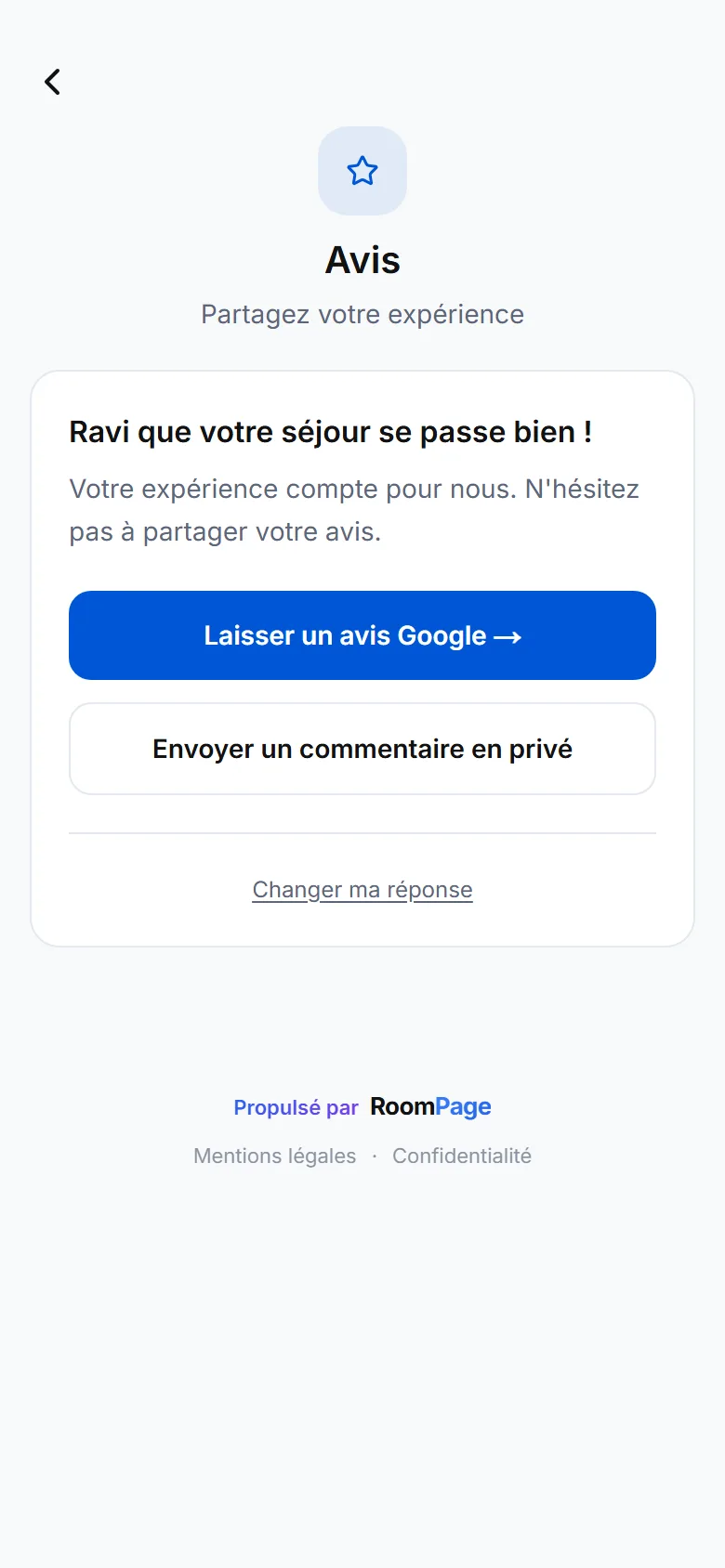 Écran Avis du livret : bouton « Laisser un avis Google » puis bouton de message privé