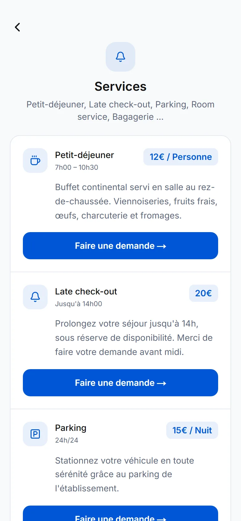 Écran Services du livret avec les prix et le bouton « Faire une demande »