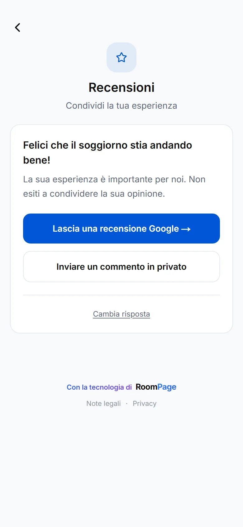 Schermata recensioni della guida: pulsante « Lascia una recensione Google » e pulsante del messaggio privato