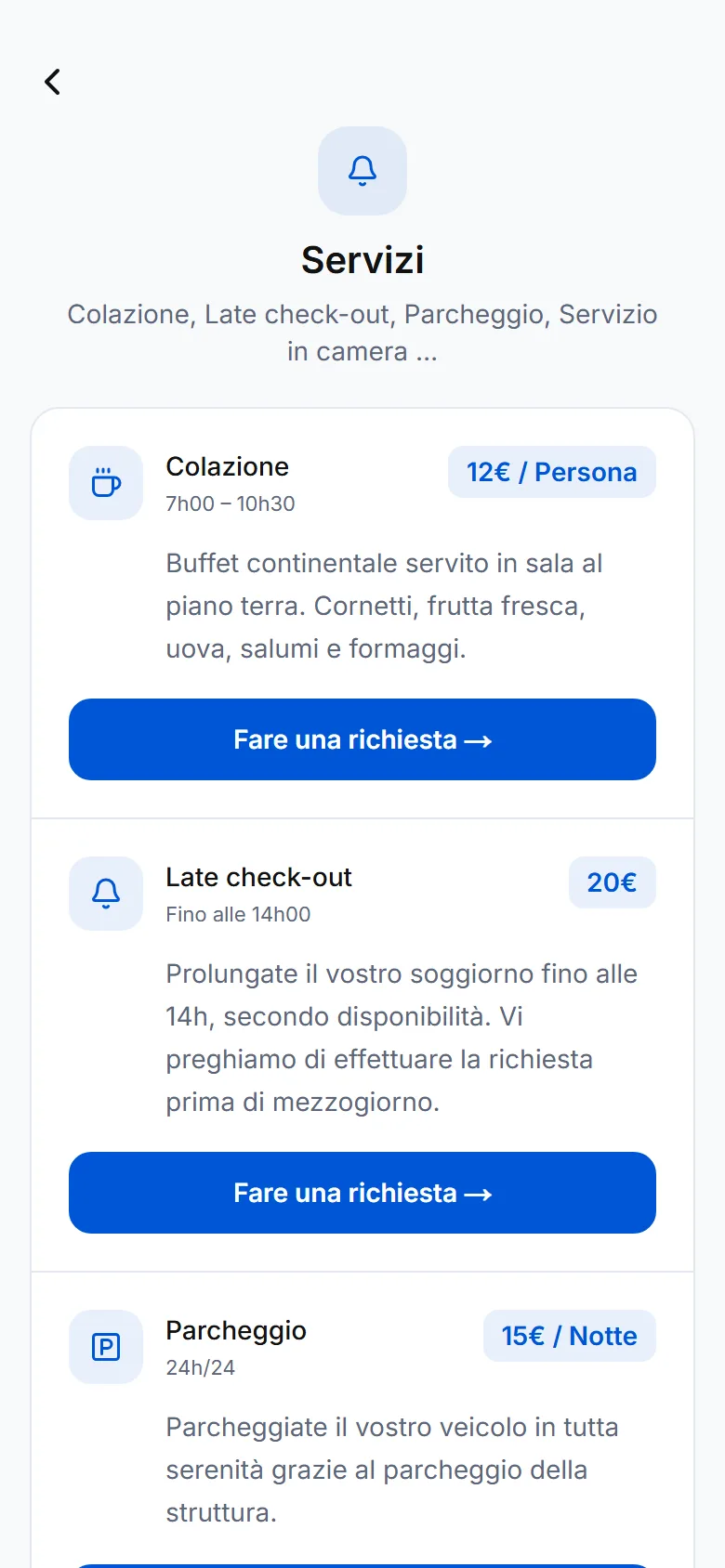 Schermata servizi della guida con prezzi e il pulsante « Fai una richiesta »