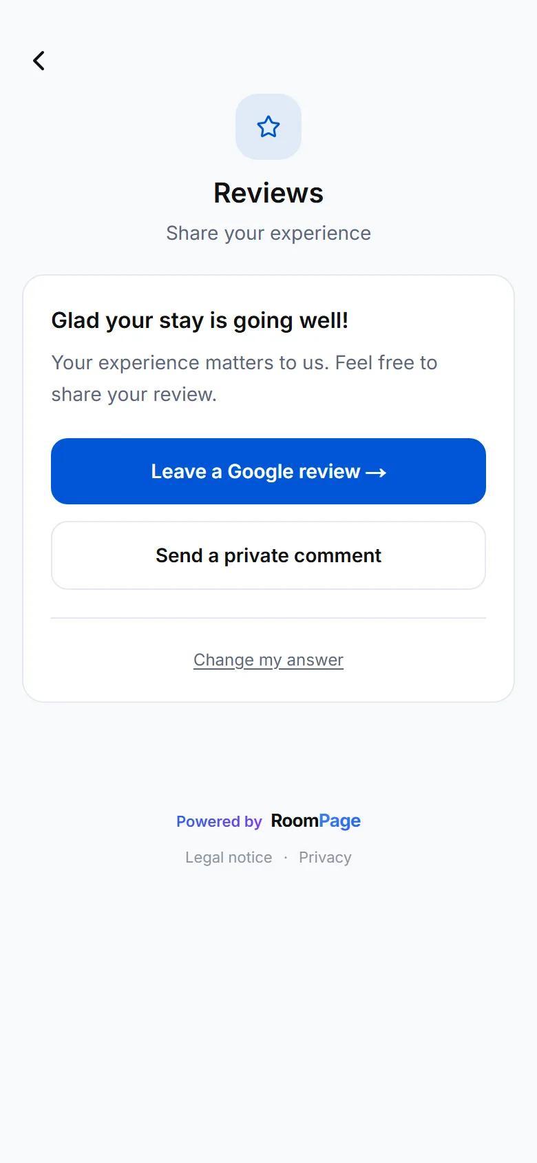 Reviewscherm van de gids: knop « Laat een Google-review achter », daarna de knop voor een privébericht