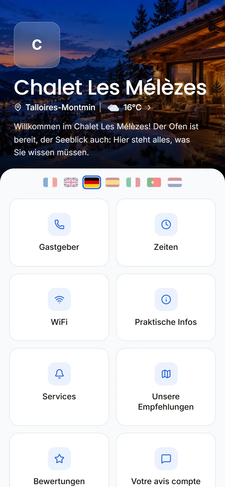 Startseite der Gästemappe mit der Kontaktkachel, die mit einem Tipp anruft