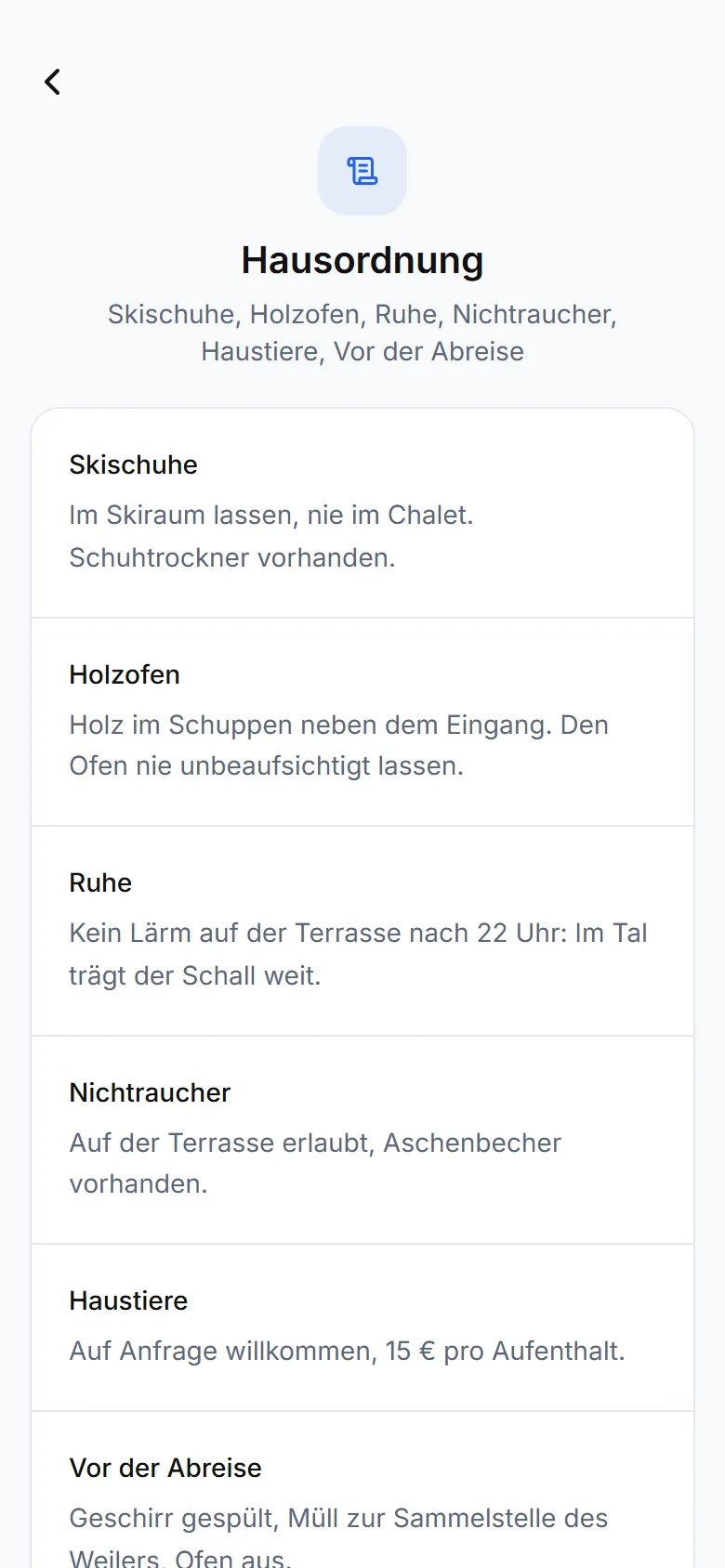 Hausordnungs-Bildschirm der Gästemappe mit seinen Abschnitten