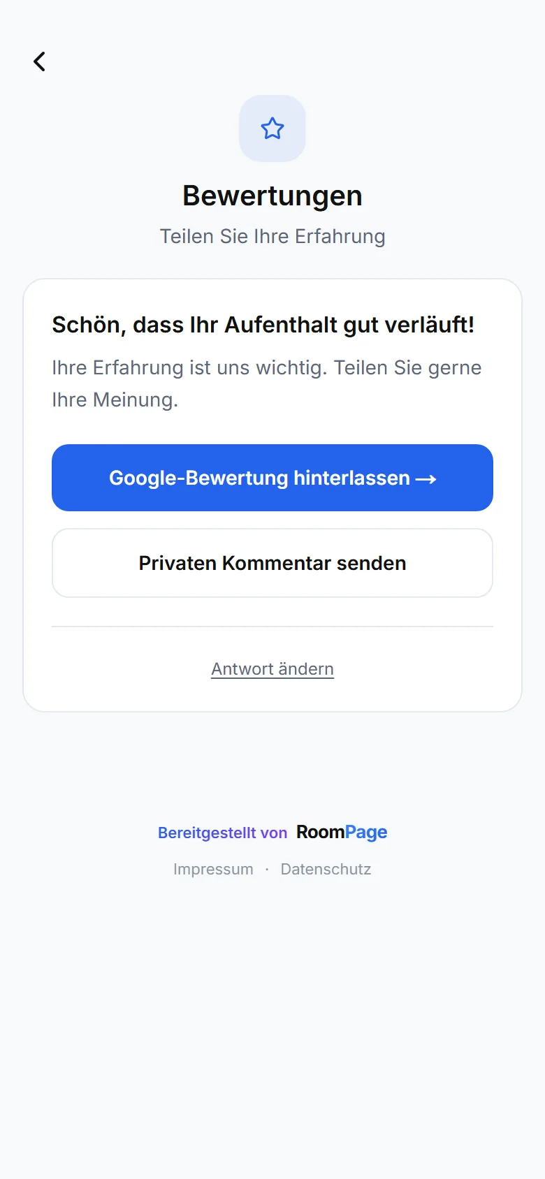 Bewertungs-Bildschirm der Gästemappe: Button « Google-Bewertung abgeben », dann Button für private Nachricht