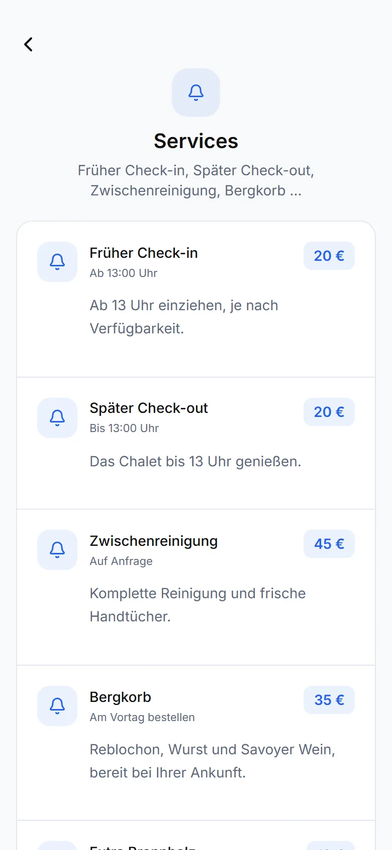 Service-Bildschirm der Gästemappe mit Preisen und dem Button « Anfrage stellen »