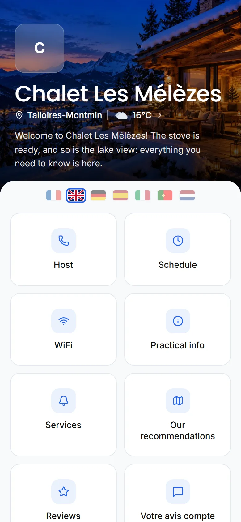 Guide home screen with the contact tile, which calls in one tap