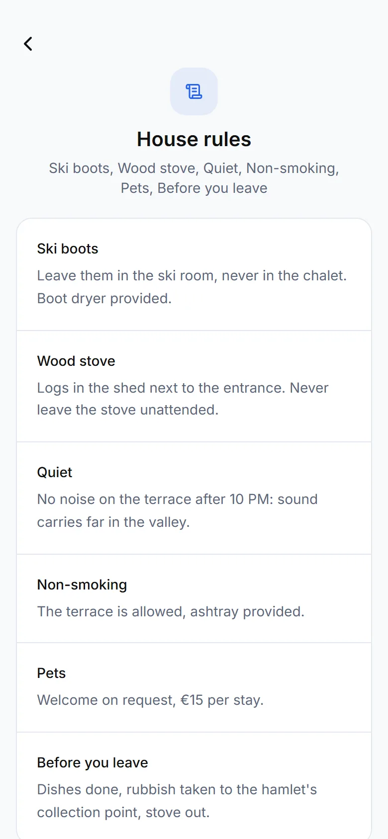 Guide house rules screen with its sections
