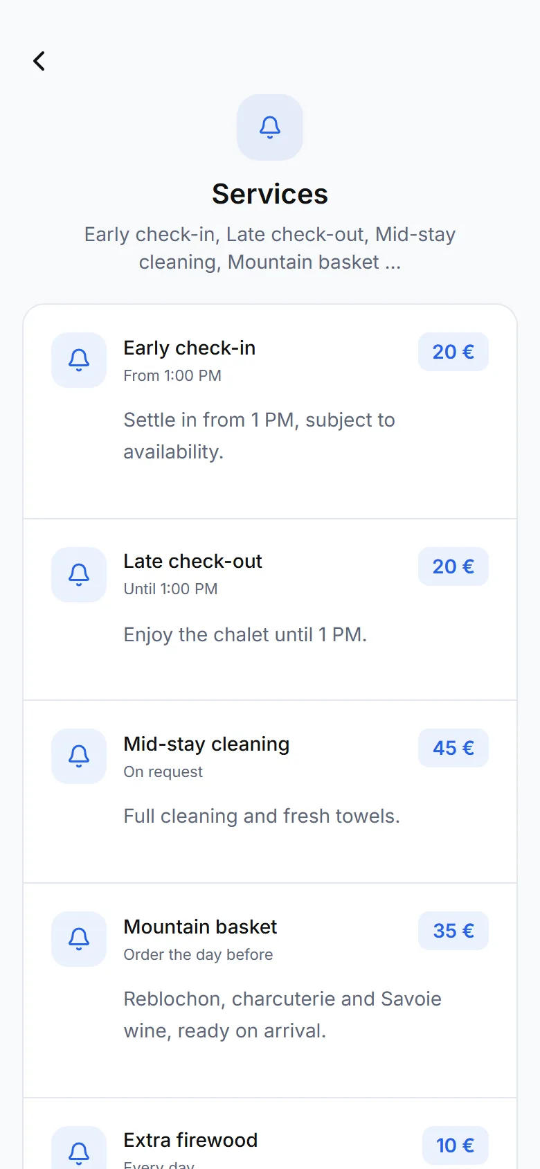 Guide services screen with prices and the « Make a request » button