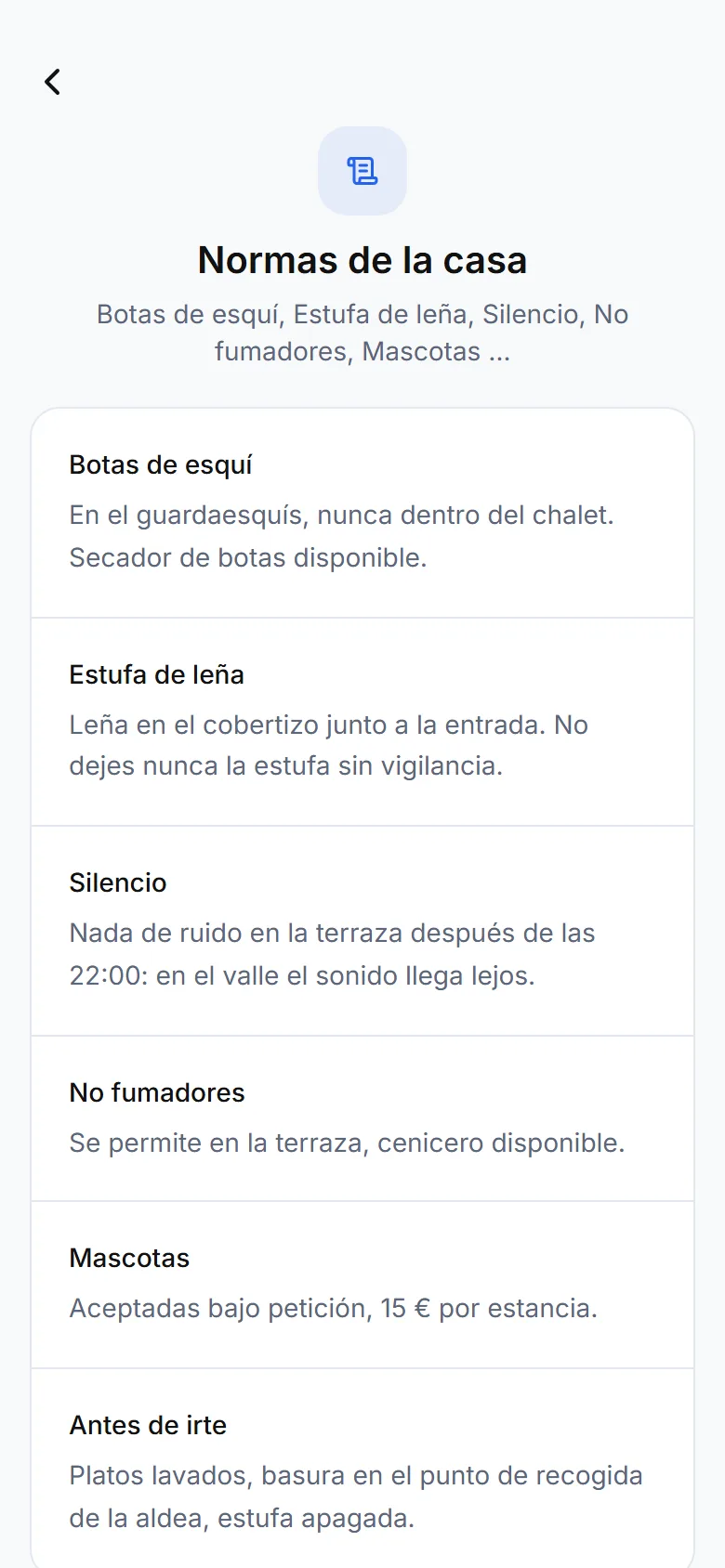 Pantalla de normas de la casa de la guía con sus secciones