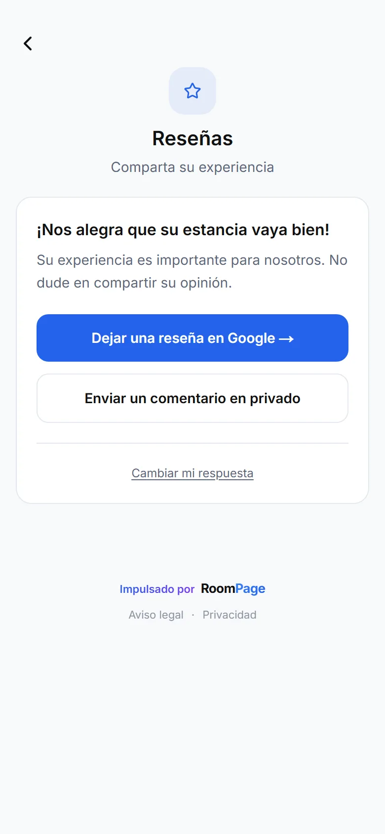 Pantalla de reseñas de la guía: botón « Dejar una reseña en Google » y botón de mensaje privado