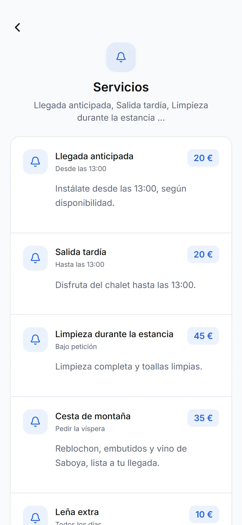 Pantalla de servicios de la guía con precios y el botón « Hacer una solicitud »