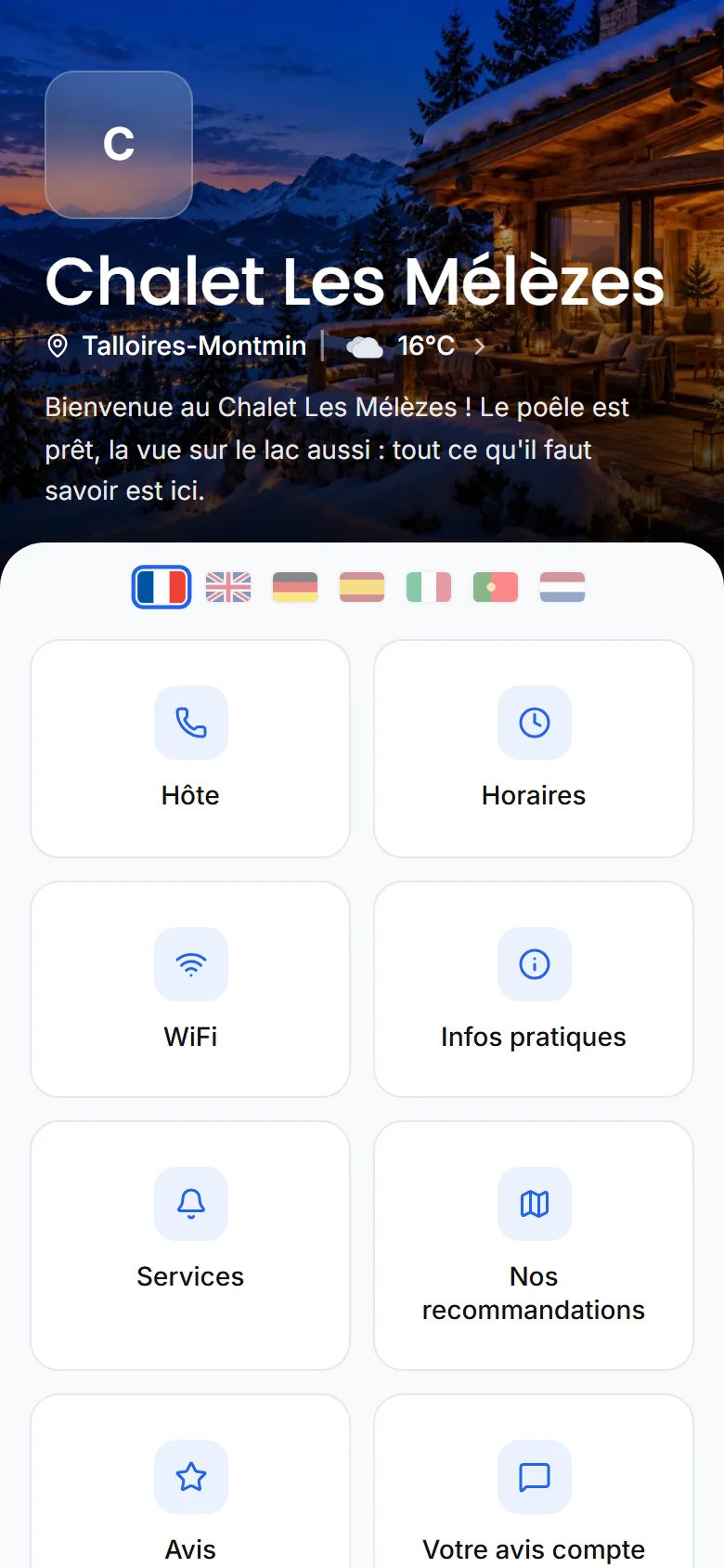 Accueil du livret avec la tuile de contact, qui appelle en un geste