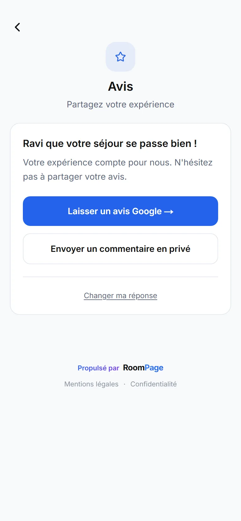 Écran Avis du livret : bouton « Laisser un avis Google » puis bouton de message privé