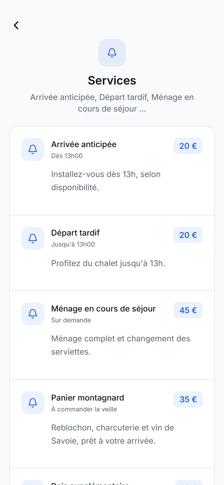 Écran Services du livret avec les prix et le bouton « Faire une demande »