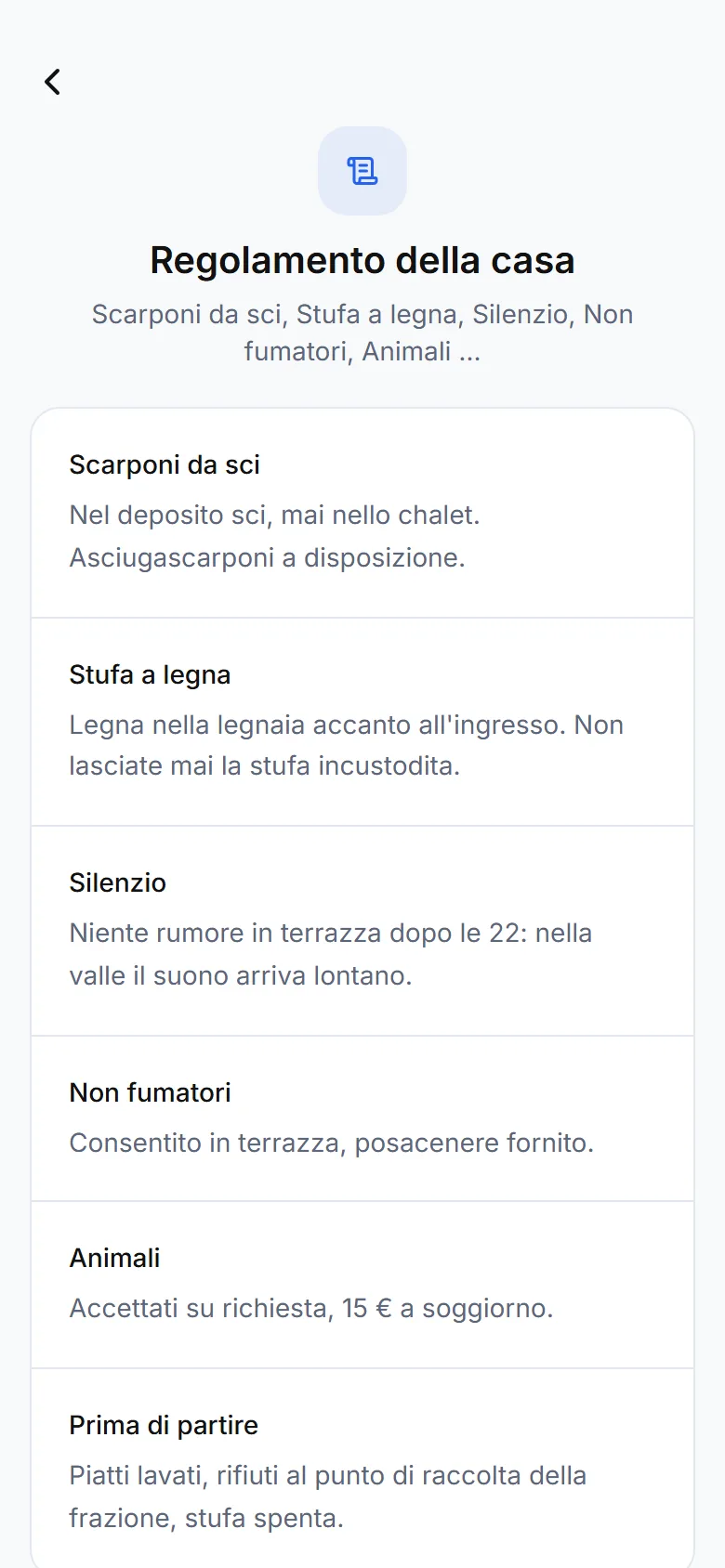 Schermata regolamento della guida con le sue sezioni