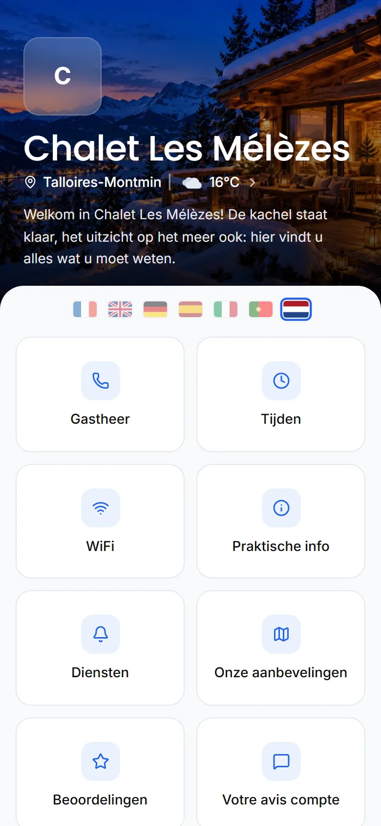 Startscherm van de gids met de contacttegel, die met één tik belt