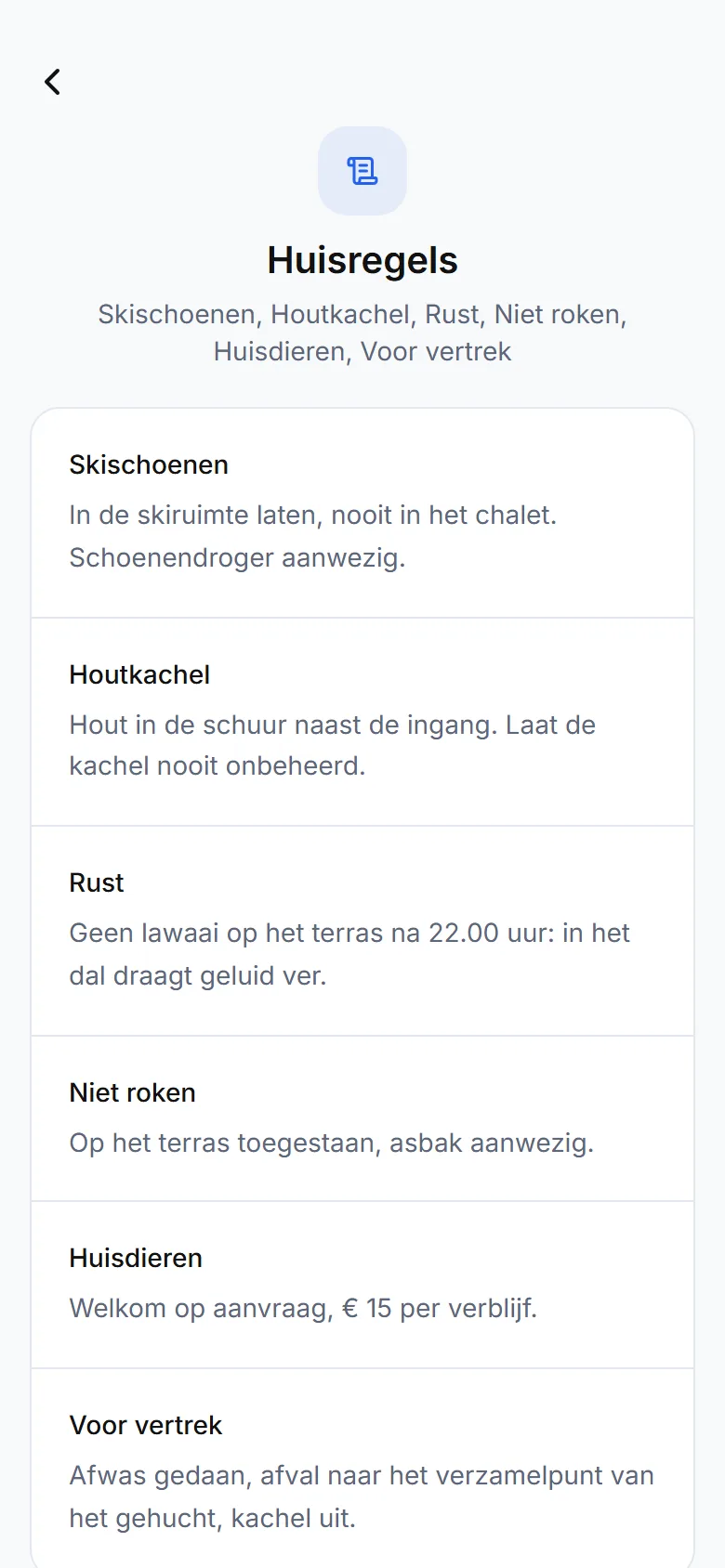 Huisregelscherm van de gids met zijn secties