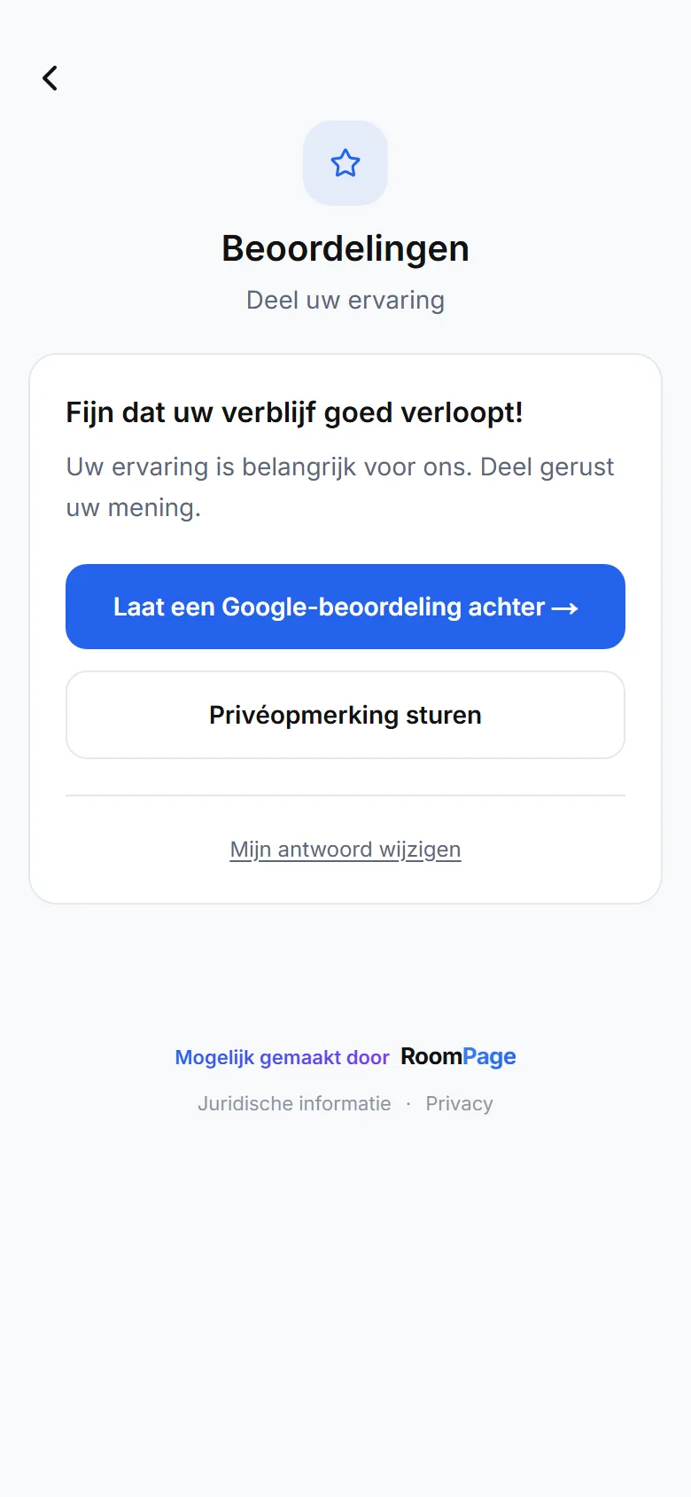 Reviewscherm van de gids: knop « Laat een Google-review achter », daarna de knop voor een privébericht