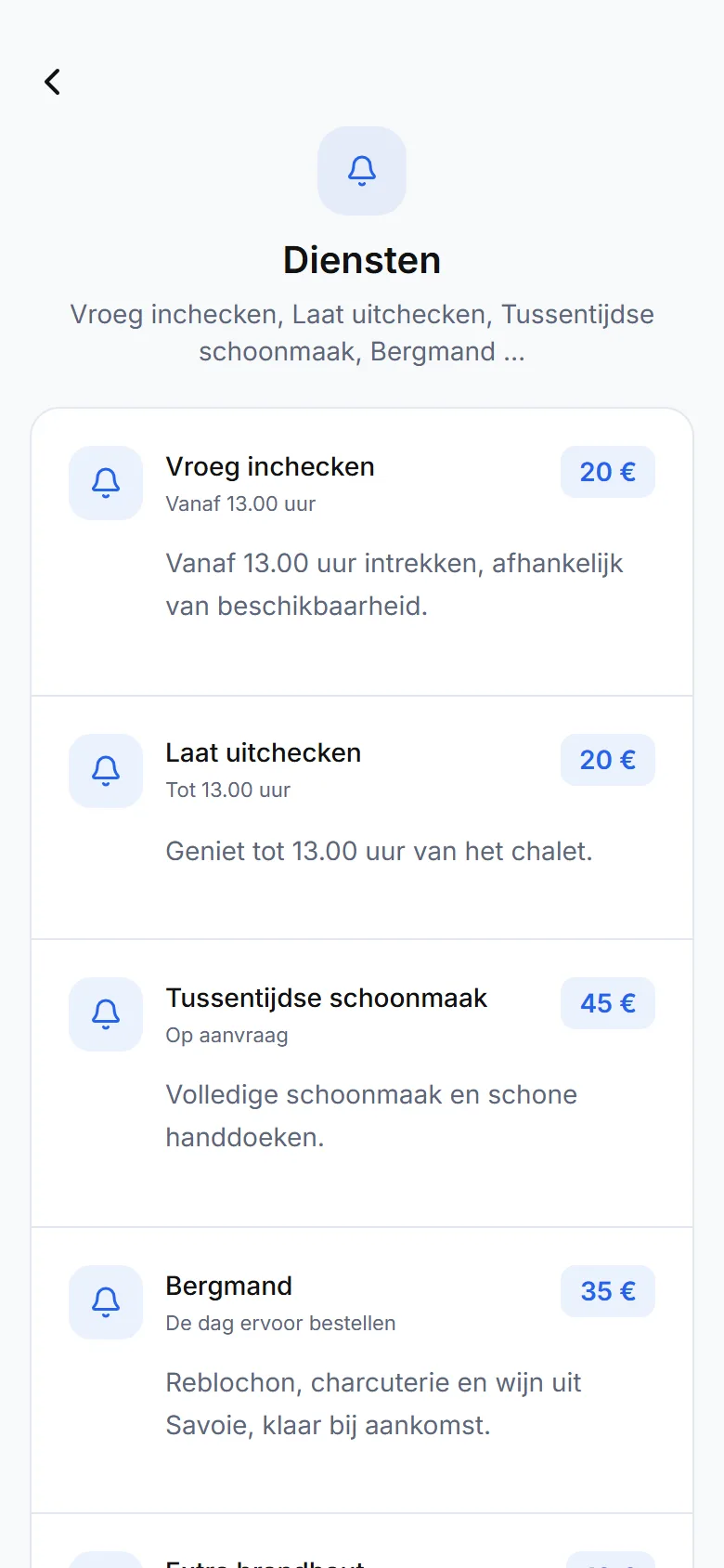 Servicescherm van de gids met prijzen en de knop « Verzoek indienen »