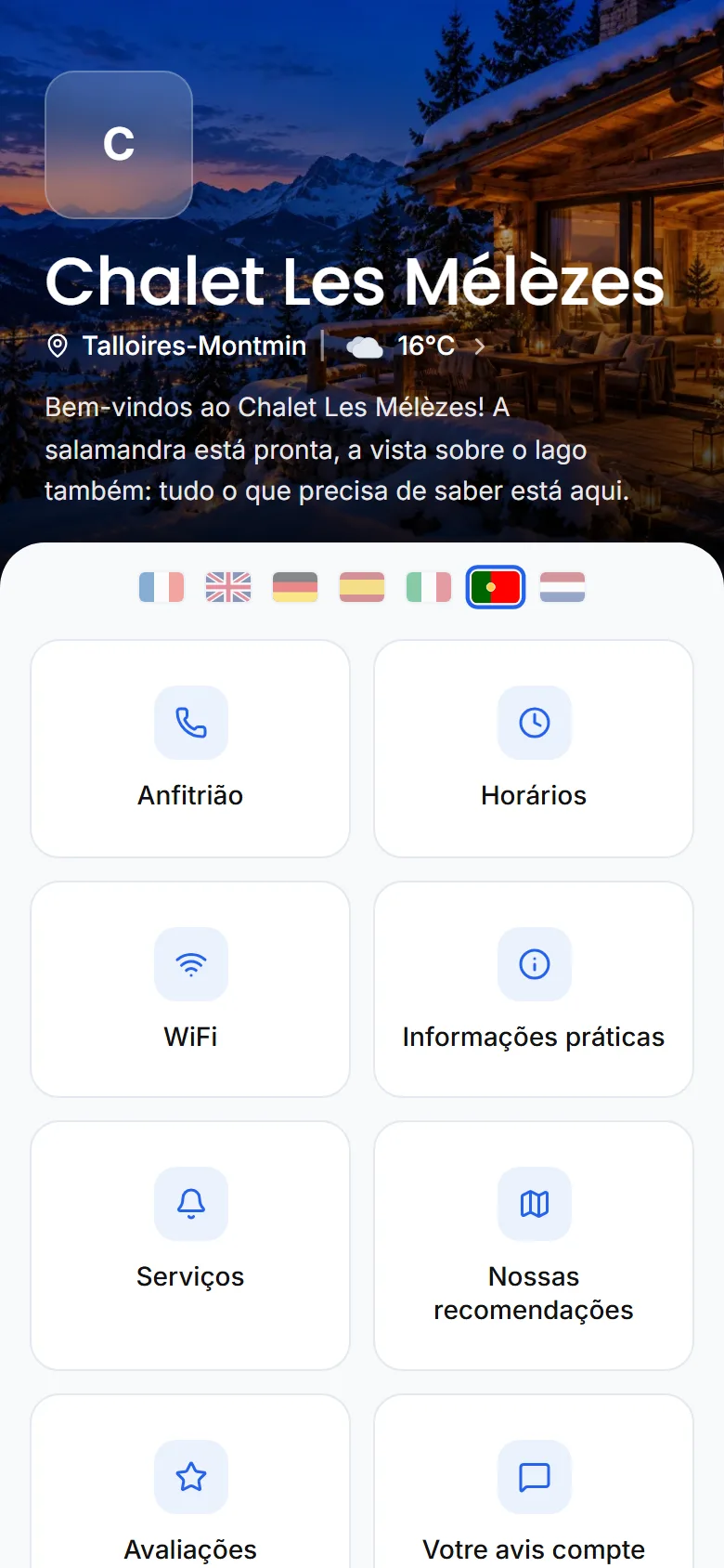 Início do guia com o cartão de contacto, que liga com um toque