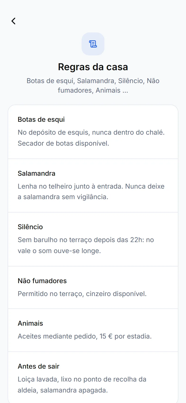 Ecrã de regras da casa do guia com as suas secções
