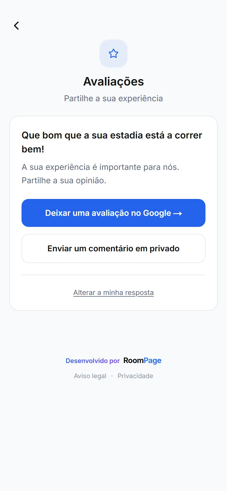Ecrã de avaliações do guia: botão « Deixar uma avaliação Google » e botão de mensagem privada