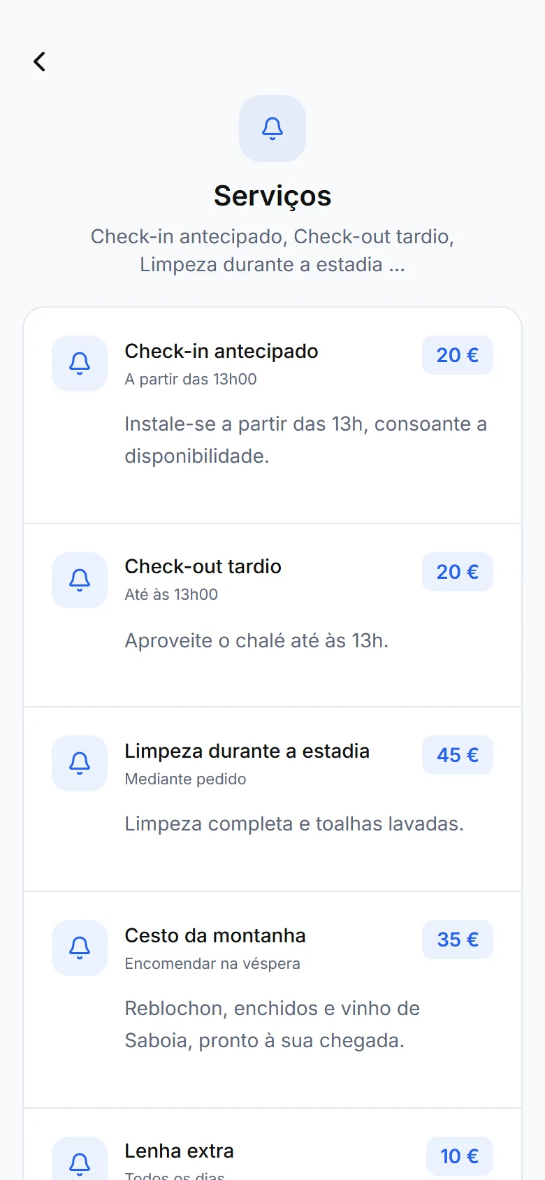 Ecrã de serviços do guia com preços e o botão « Fazer um pedido »